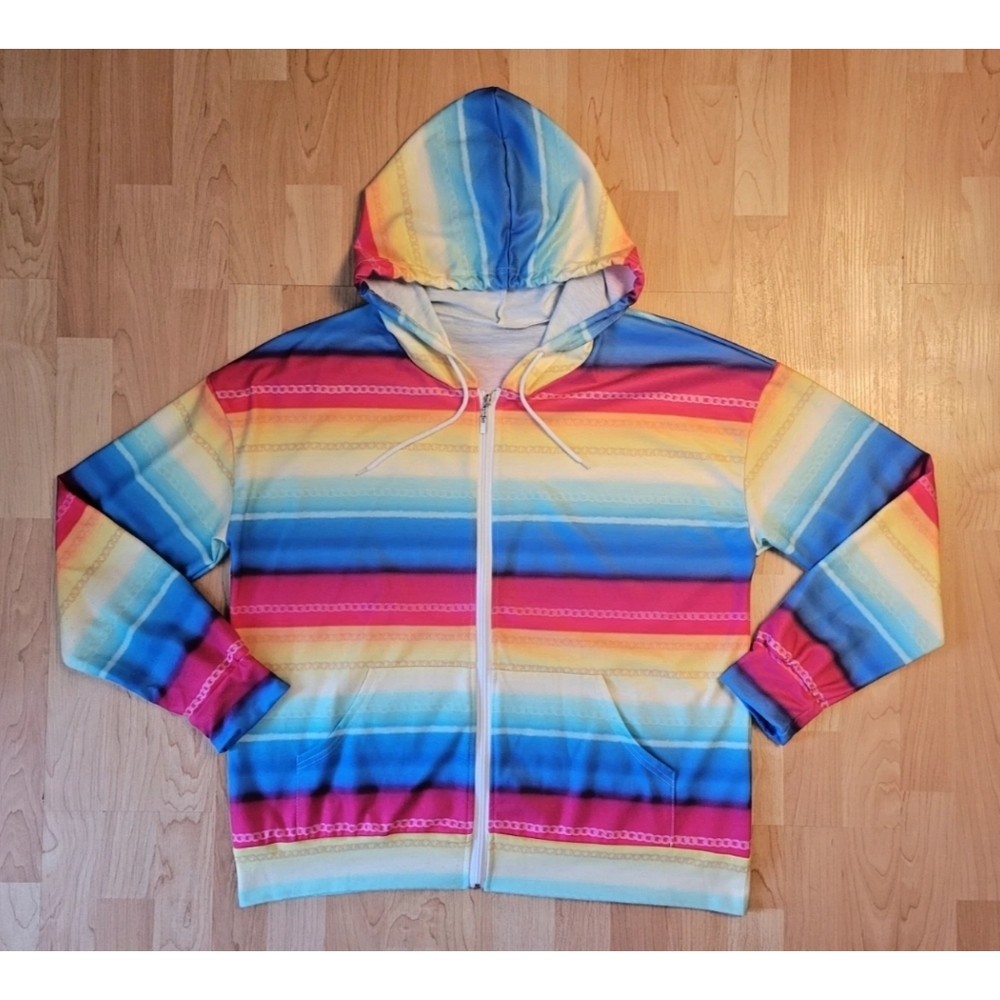 Rainbow stripe and chain print zip-up hoodie